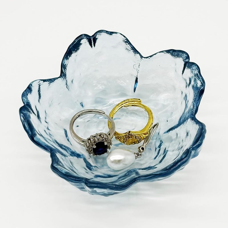 BESSKON Flower Ring Dish Jewelry Tray, Glass Jewelry Dish Tray, Aesthetic Room Decor Small Trinket Dish, Nightstand Jewlery Ring Holder Dish, Bathroom Jewelry Plate Bowl for Rings Earrings Wife Gift (Blue) - Image 1